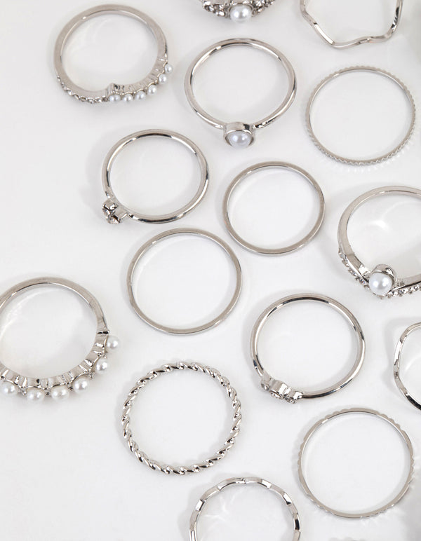 Silver Diamante & Pearl Ring 24-Pack