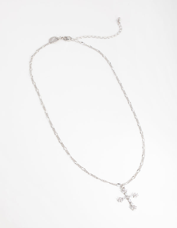 Silver Diamond Simulant Decorated Cross Necklace