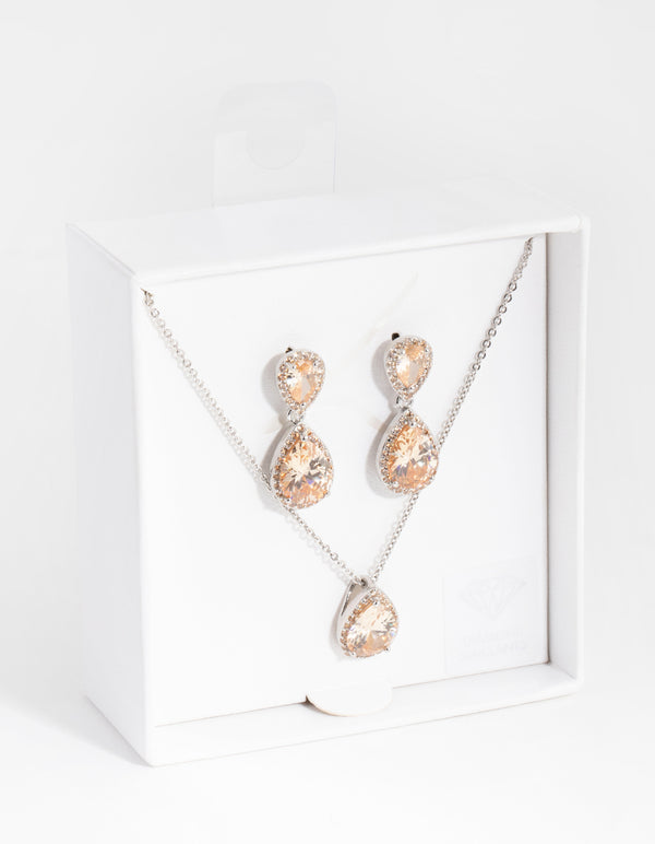 Silver Diamond Simulant Double Teardrop Necklace & Earrings Set