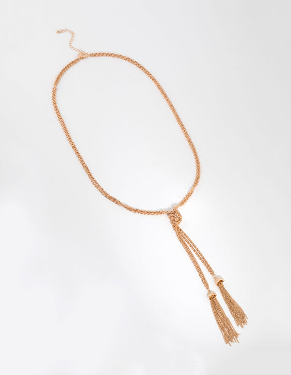 Long Gold Knot & Tassel Necklace