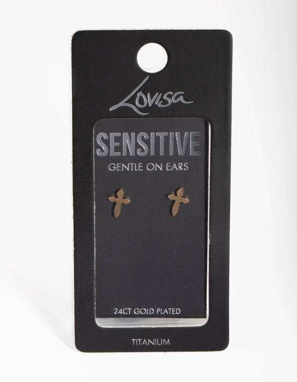 24 Carat Gold Plated Titanium Cross Stud Earrings