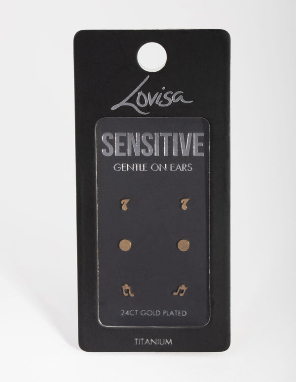 24 Carat Gold Plated Titanium Note Pack Stud Earrings