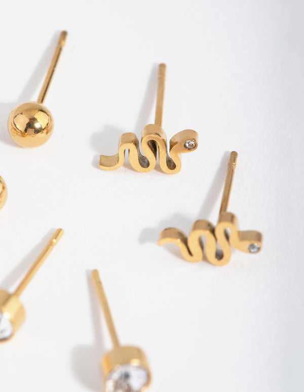 24 Carat Gold Plated Titanium Snake Stud Pack Earrings