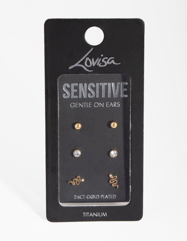 24 Carat Gold Plated Titanium Snake Stud Pack Earrings