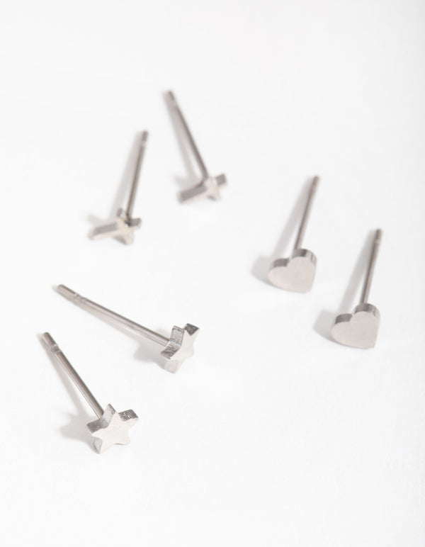 Titanium Star Heart & Cross Pack Stud Earrings
