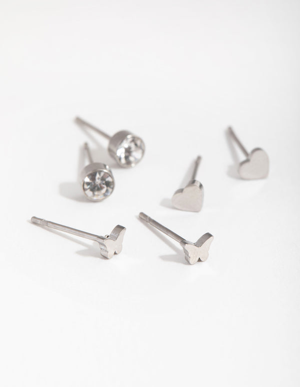 Titanium Heart & Butterfly Pack Stud Earrings