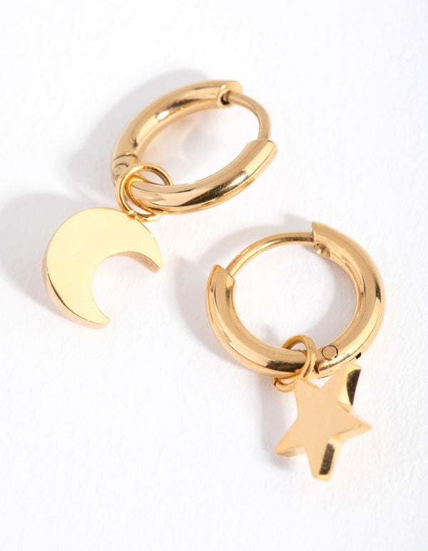 24 Carat Gold Plated Titanium Star & Moon Huggie Earrings
