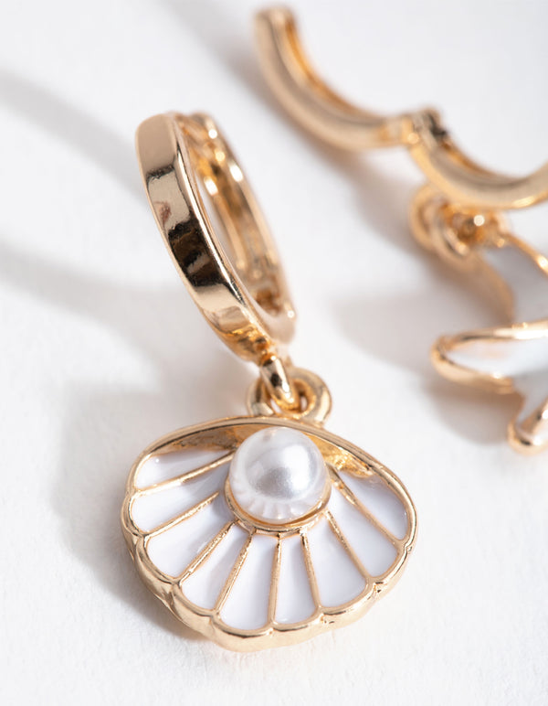 Gold Matte Shell & Pearl Huggie Earrings