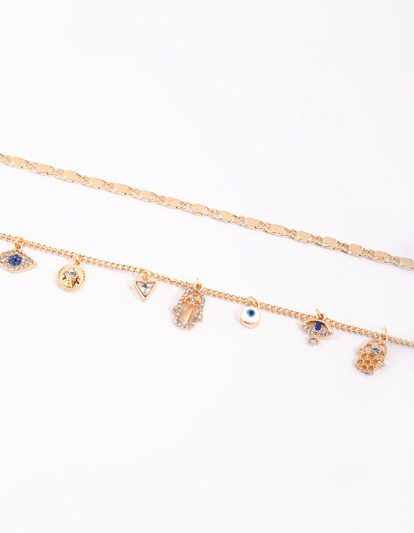 Gold Evil Eye Charm Anklet Pack