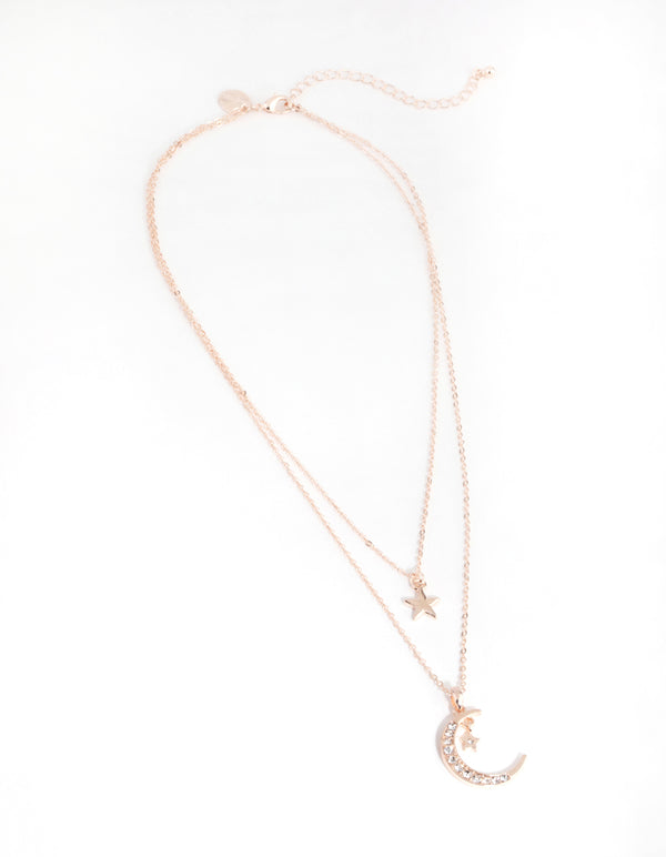 Rose Gold Diamante Moon & Star Necklace