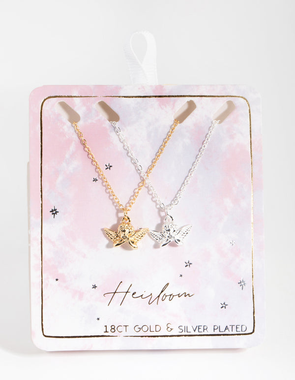 18ct Gold & Silver Plated Cherub Necklace Set