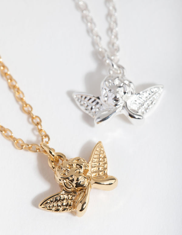 18ct Gold & Silver Plated Cherub Necklace Set