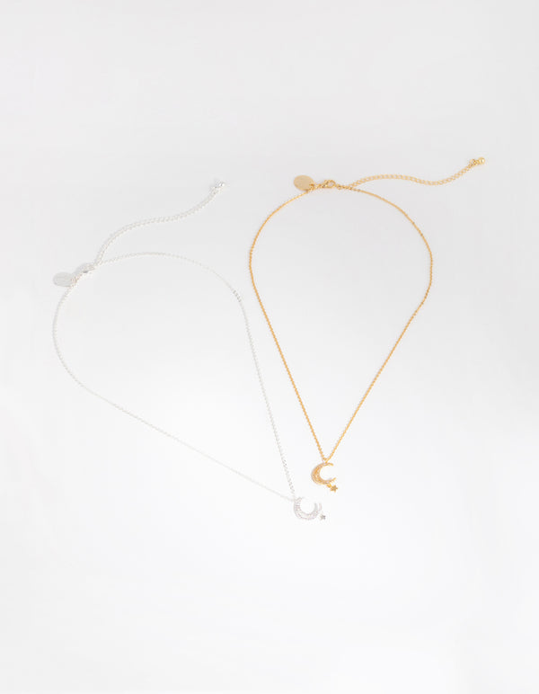 18ct Gold & Silver Plated Moon & Star Necklace Set