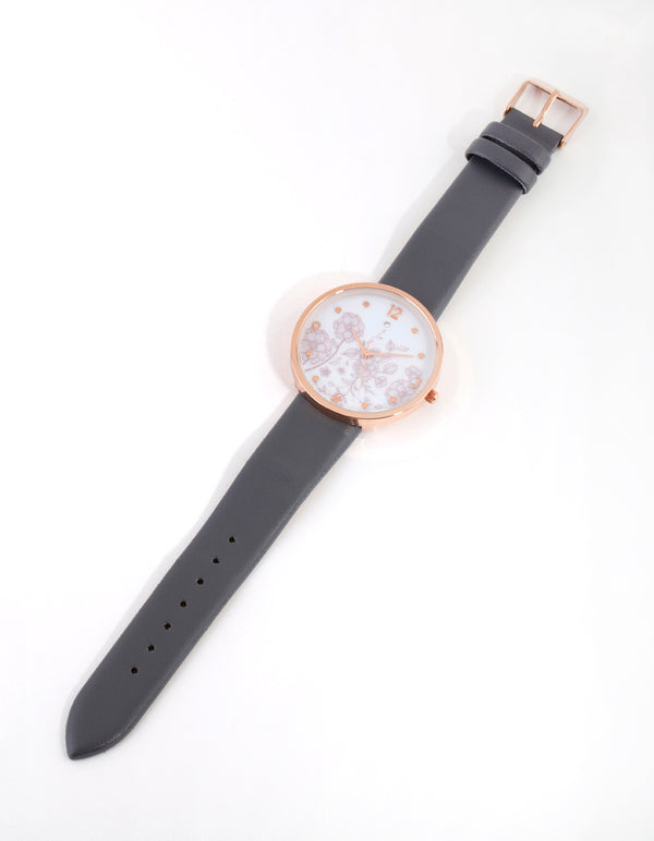 Rose Gold Floral Print PU-Strap Watch