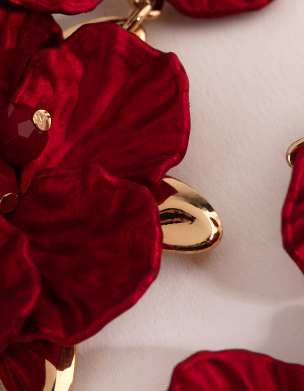 Red Large Pearlised Flower Drop Earrings