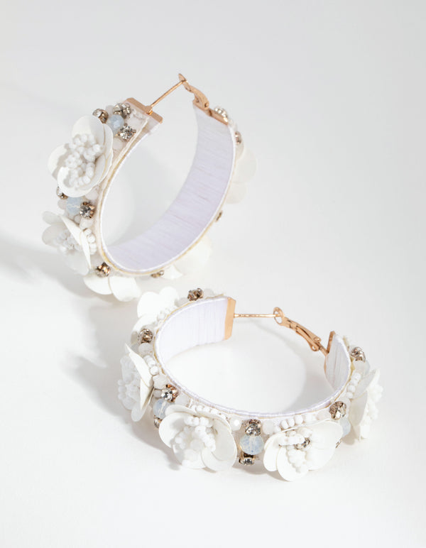 Gold Sequin Flower Hoop Earrings
