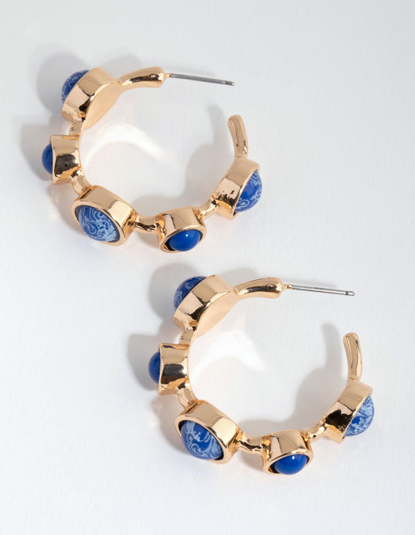 Gold & Blue Stone Hoop Earrings