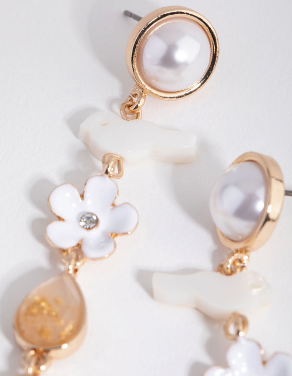 Gold Enamel Flower Drop Earrings
