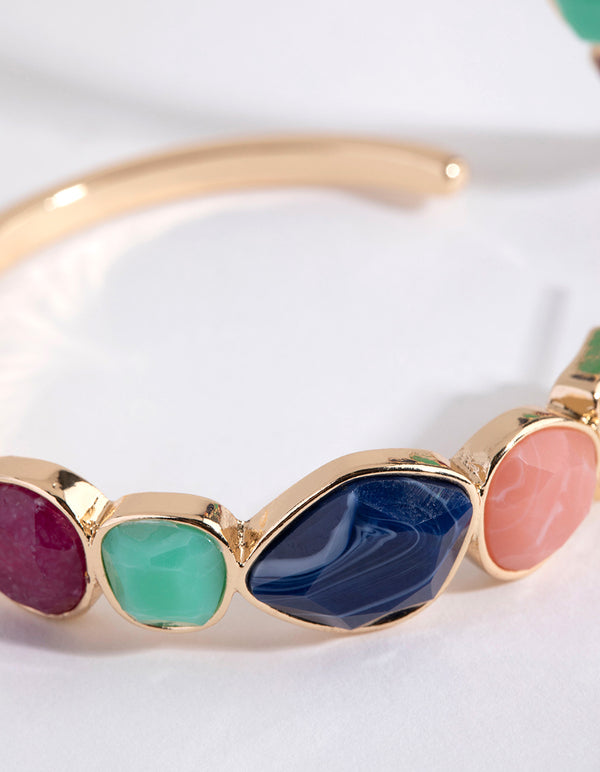 Gold Geo Cut Stone Hoop Earrings