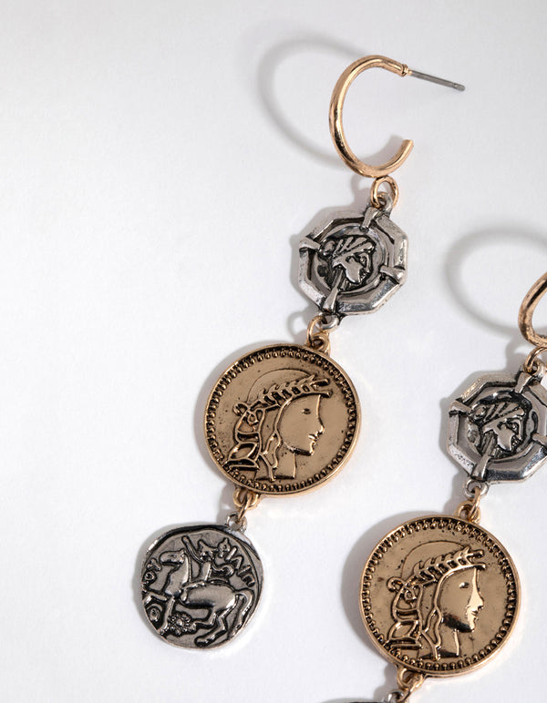 Mixed Metal Tripple Coin Hoop Earrings