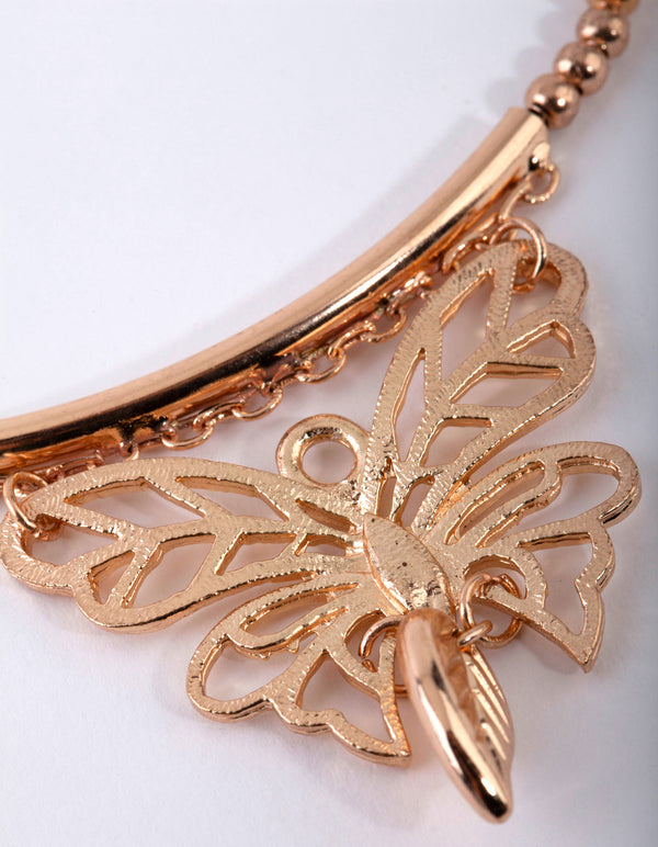 Worn Gold Butterfly Multi Layer Necklace