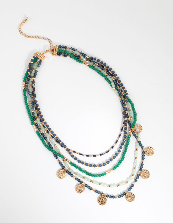 Gold & Green Textured Disc Bead Necklace