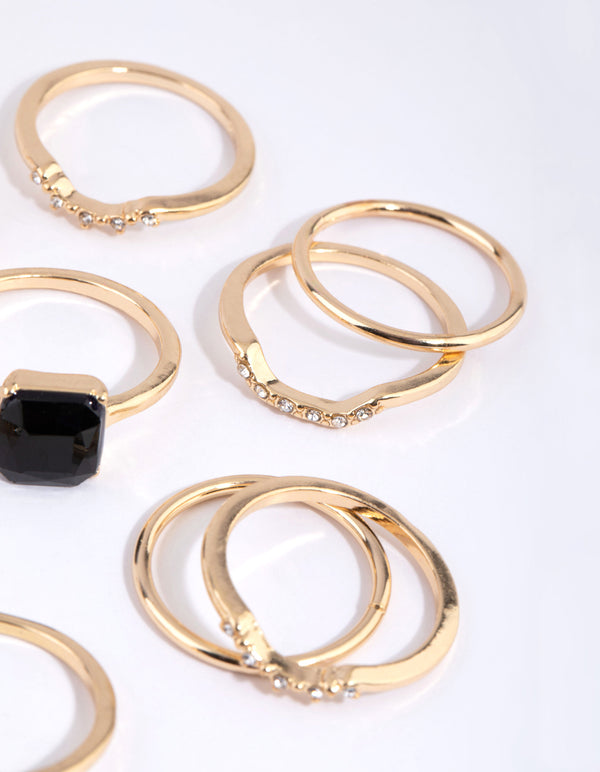 Gold Black Diamante Mixed Ring Pack