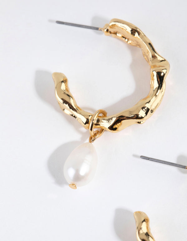 Gold Plated Freshwater Pearl Molten Hoop Earrings