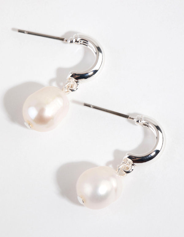 Silver Plated Freshwater Pearl Drop Huggie Earrings