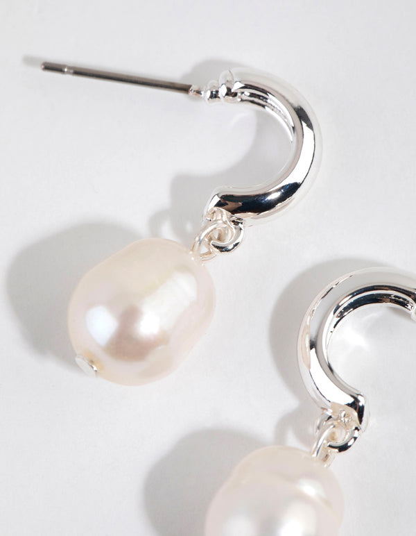Silver Plated Freshwater Pearl Drop Huggie Earrings