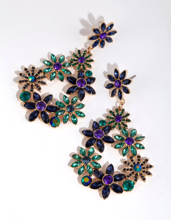 Gold Flower Cluster Teardrop Earrings