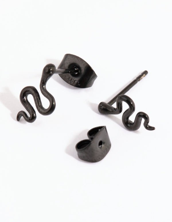 Matte Black Polished Snake Stud Earrings