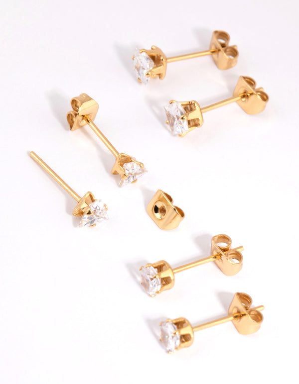 Gold Plated Surgical Steel Cubic Zirconia Mixed Shape Stud Earrings