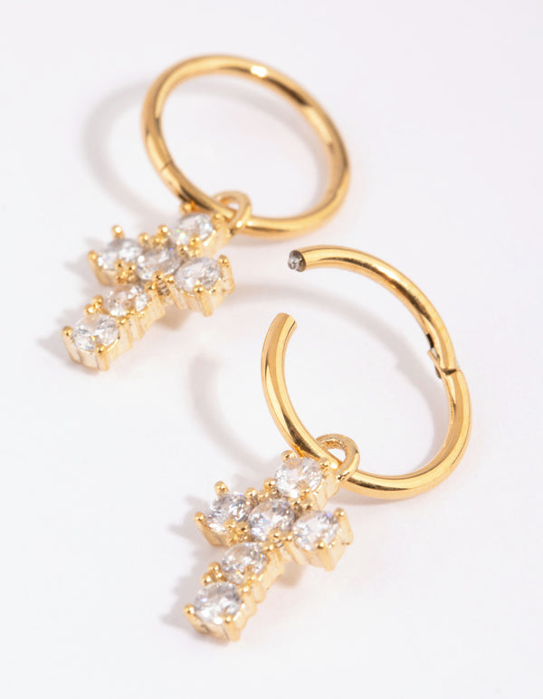 Gold Plated Surgical Steel Cubic Zirconia Cross Sleeper Earrings