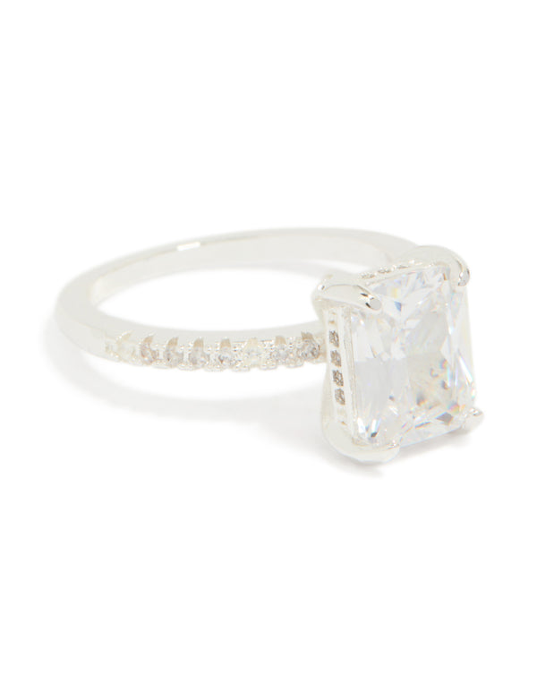 Silver Emerald Cut Cubic Zirconia Diamante Band Ring