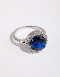 Silver Sapphire Cubic Zirconia Halo Ring - link has visual effect only