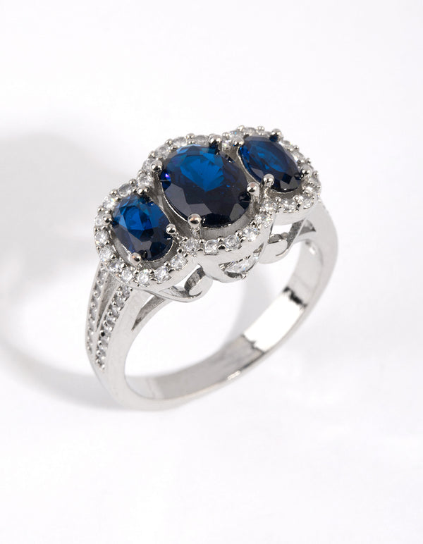 Silver Sapphire Cubic Zirconia Triple Stone Ring