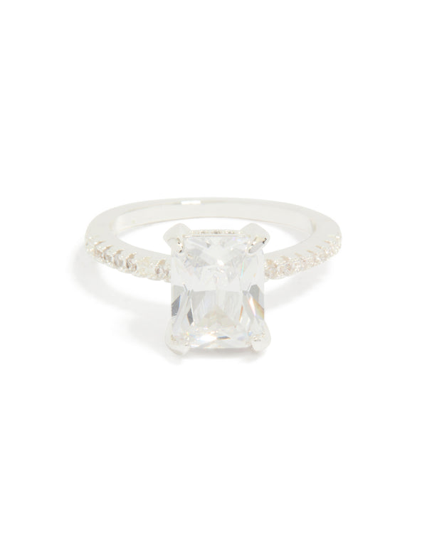 Silver Emerald Cut Cubic Zirconia Diamante Band Ring