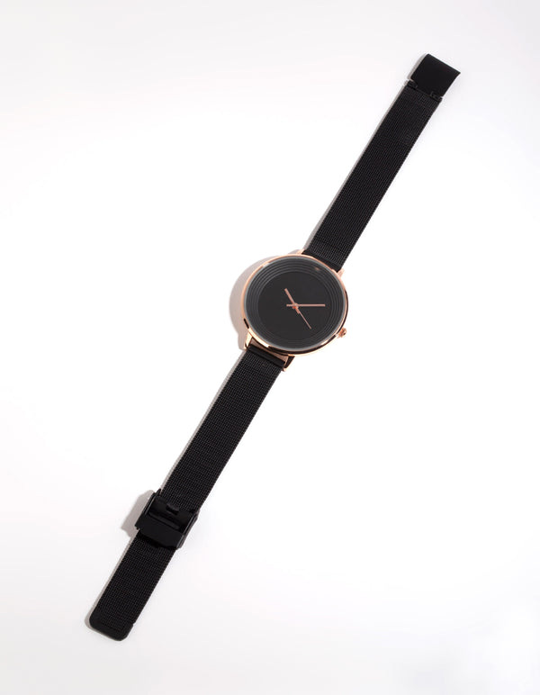 Rose Gold Simple Black Mesh Strap Watch