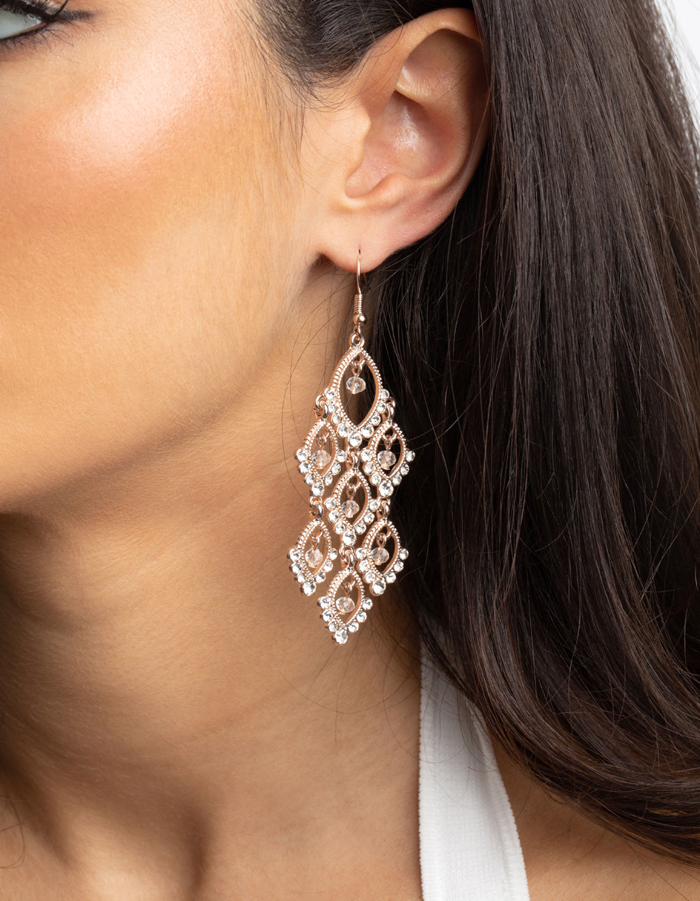 Rose Gold Diamante Teardrop Cascade Drop Earrings