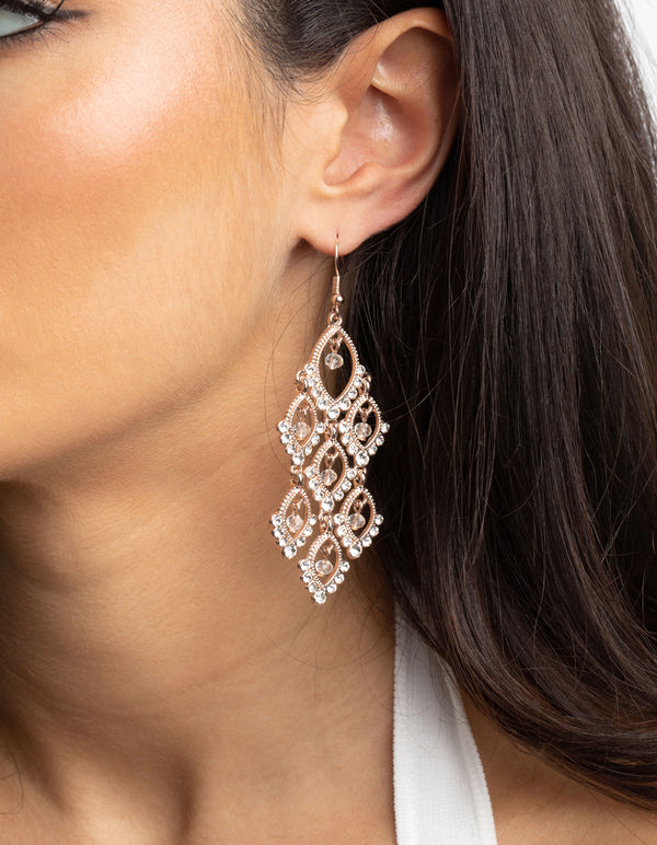 Rose Gold Diamante Teardrop Cascade Drop Earrings