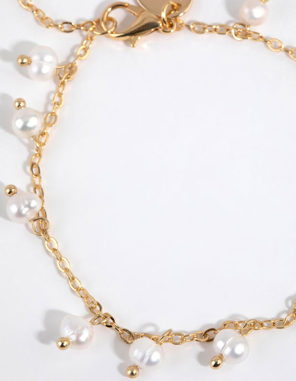Gold Plated Freshwater Pearl Droplet Charm Bracelet