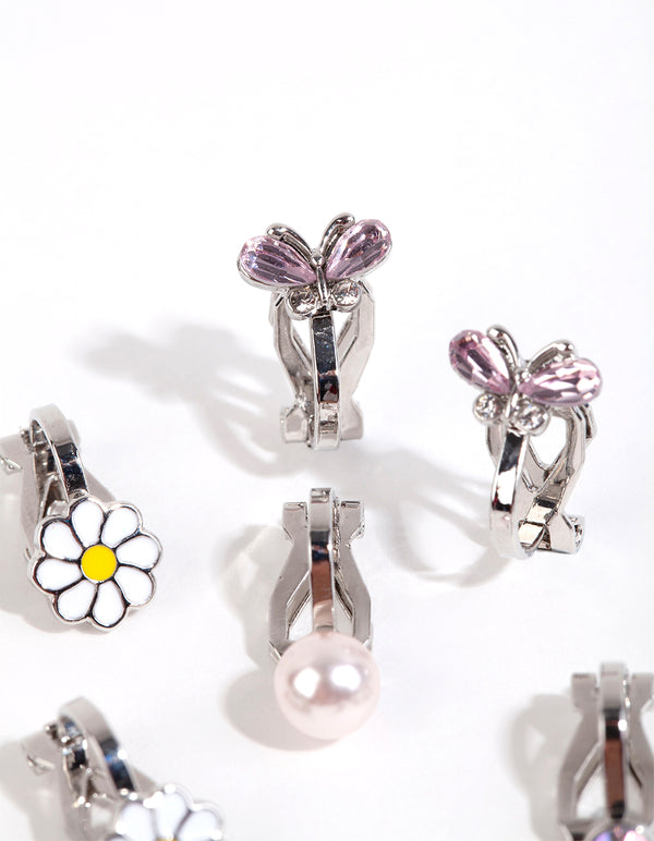 Kids Silver Diamante Flower Clip On Earrings