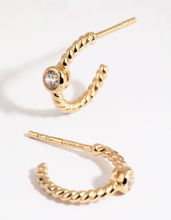 Gold Plated Sterling Silver Diamante & Twist Hoop Earrings