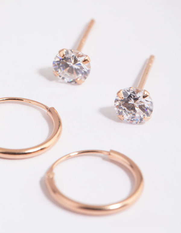 Rose Gold Plated Sterling Silver Diamante Sleeper Earrings Set