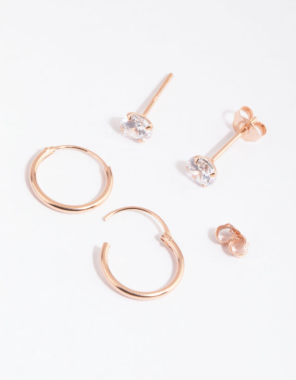 Rose Gold Plated Sterling Silver Diamante Sleeper Earrings Set
