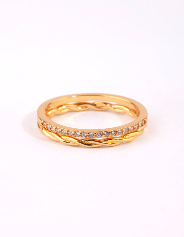 Gold Twisted Diamante Ring Pack