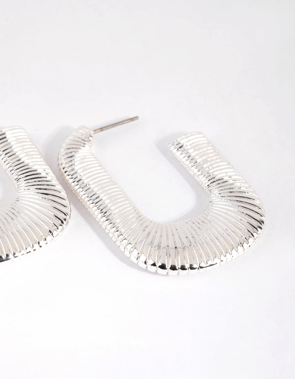 Silver Ribbed Open Rectangle Earrings