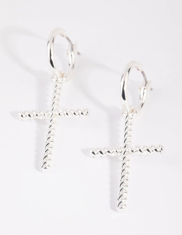 Silver Twisted Cross Huggie Earrings