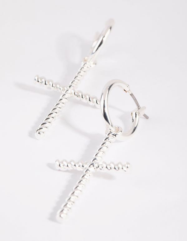 Silver Twisted Cross Huggie Earrings